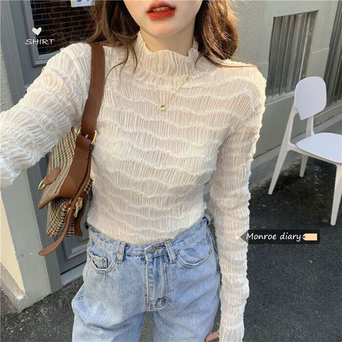 カラーレースシャツ オータムウィンタースタイルシフォントップス ロング 秋物 冬物 モンロー77312470709