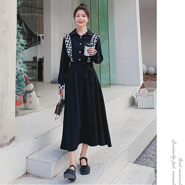 大きいサイズワンピース 袖あり ロングワンピ ミモレ丈 フラッグチェック レディース ラッフル シャツワンピース ワンピ ドレス 長袖 きれいめ 大人可愛い カジュアル フェミニン ハイウエスト 韓国 おしゃれ ブラック 黒 春 秋 冬 20代 30代 40代 50代