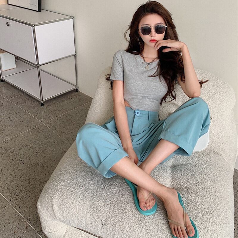 サマーサイドジッパーショートスリムTシャツ ハイウェストウェストカジュアルパンツ 夏物 ガールズファッション18022442175