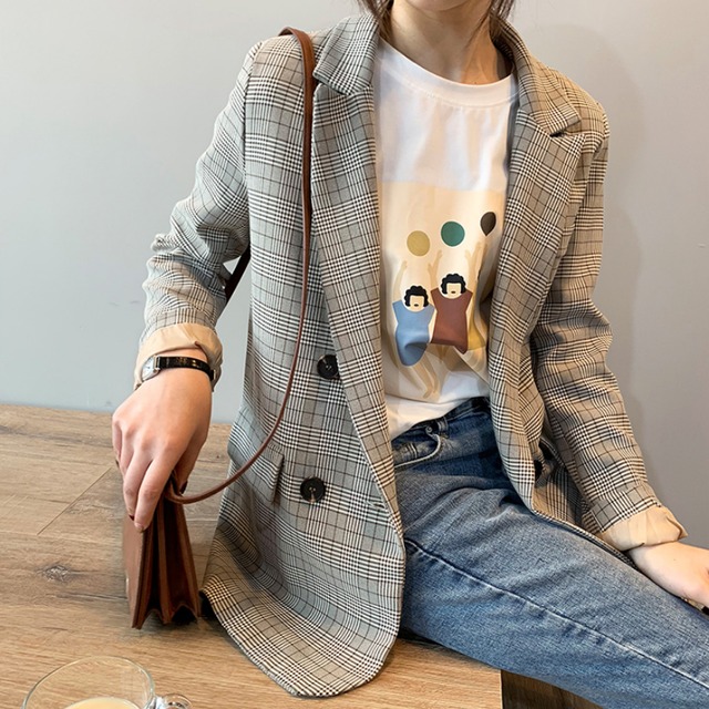 【送料無料】 チェック柄 ジャケット コーヒー テーラード 羽織 長袖 ダブルブレスト ゆったり 大人カジュアル サイドポケット 韓国トレンド トラッド シンプル ベーシック アウター 春秋 オフィス 通勤 通学 デイリー お出かけ 普段使い OT-123KW
