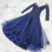 社交ダンス 衣装 スタンダードドレス ドレス ワンピース 紺 高級感 上品 フリル レース お洒落 ネイビー系 パーティ 軽やか 優雅 フェミニン クラシックスタイル