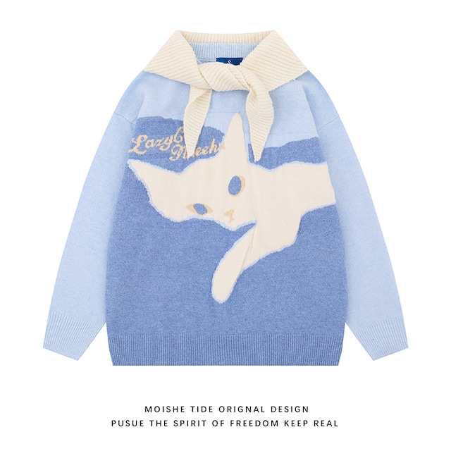 ♥可愛い猫柄ニット！【MOISHE TIDEシリーズ】★セーター★ ユニセックス ルーズ 2color ニットトップス 配色