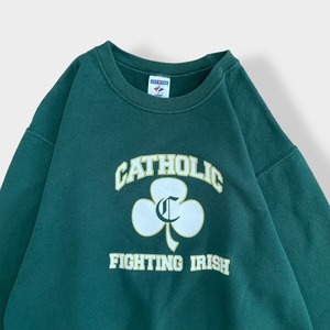 【JERZEES】スウェット 高校 CATHOLIC FIGHTING IRISH プリント アーチロゴ トレーナー プルオーバー グッドカラー 深緑 ディープグリーン M US古着