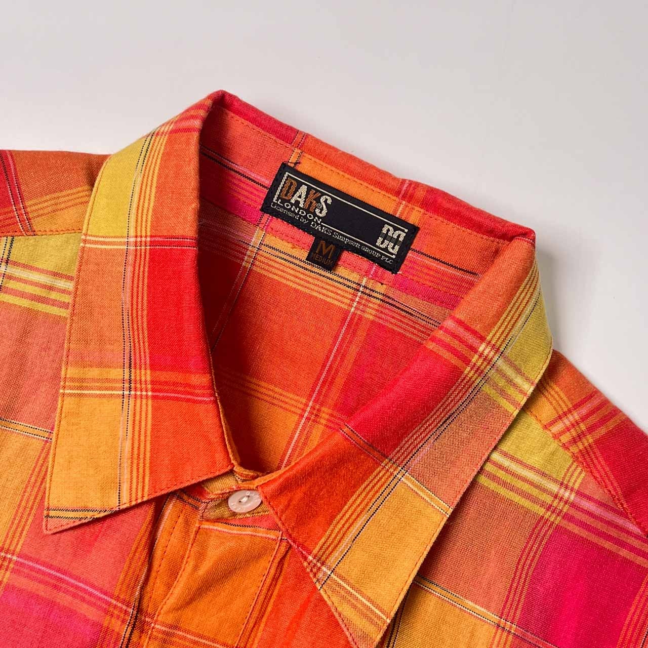 リネン混 DAKS ダックス チェック 半袖シャツ M/オレンジ系 メンズ