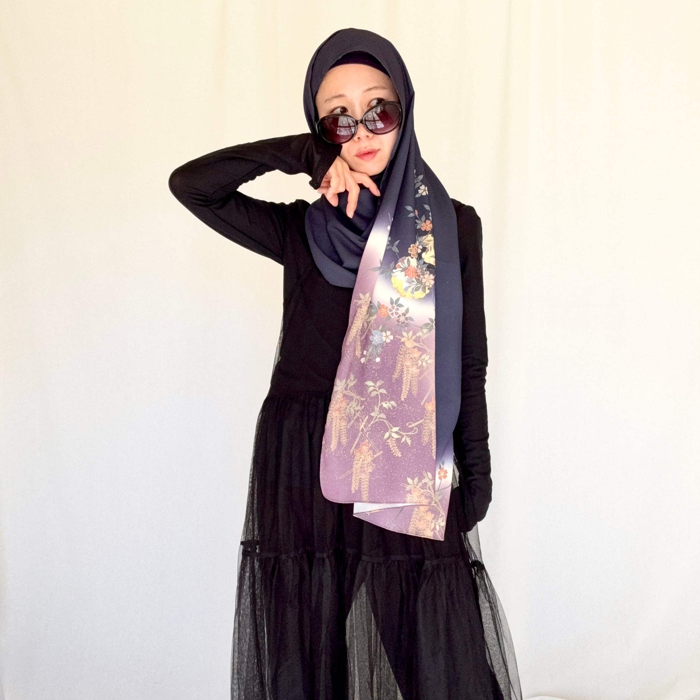 じゃれねこ『2月☆22 和柄×パープル』 KimonArt Hijab)Sakura and moon pattern,Rectangle 桜と月(ネイビー