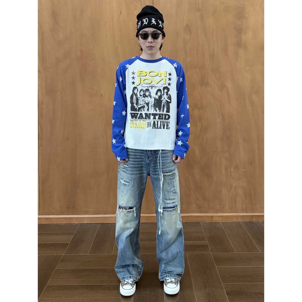 VINTAGE ストリート スタースリーブ ワッフルロングTシャツ T2237