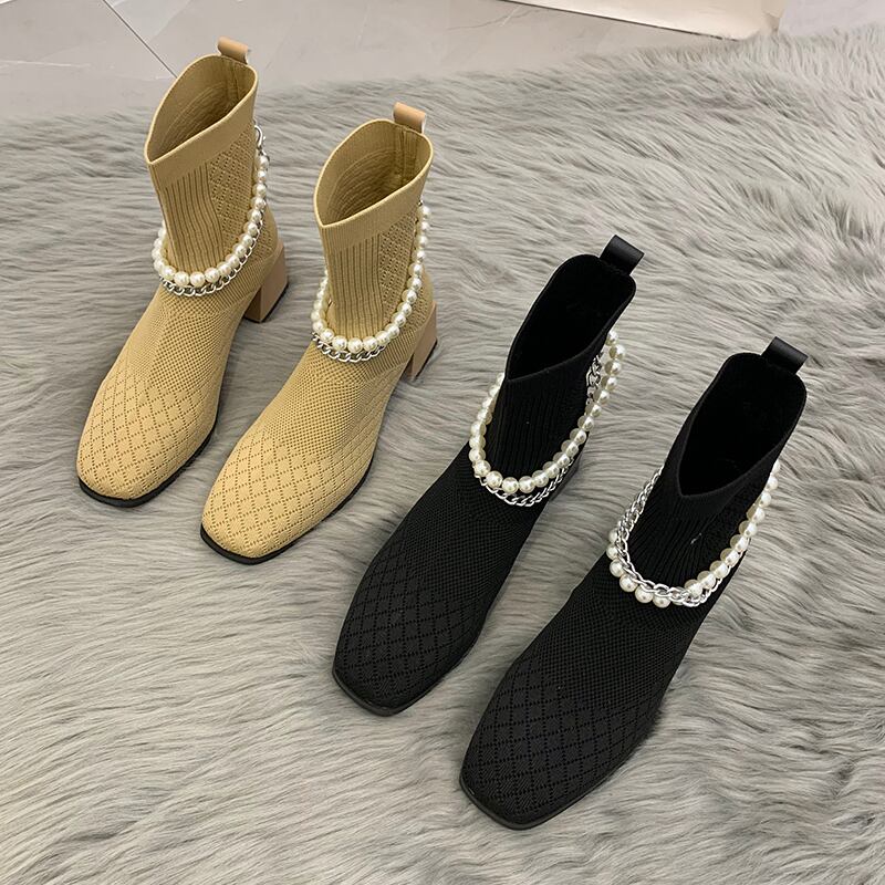 ストレッチブーツレディーススプリングオータムパールチェーン スタンダードショートソックス レトロ 靴 シューズ エラスティック 伸縮 春物 秋物 タイツ ストッキング 真珠 スクウェア 部族の婦人靴90163278696