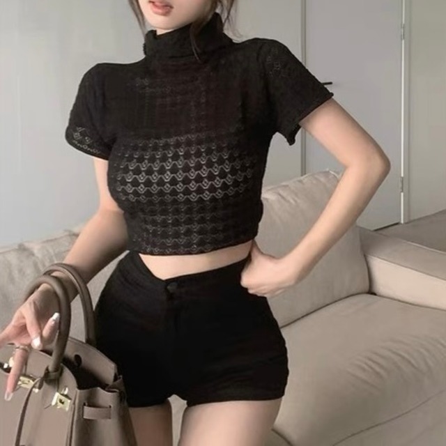 high neck sheer tops 3color