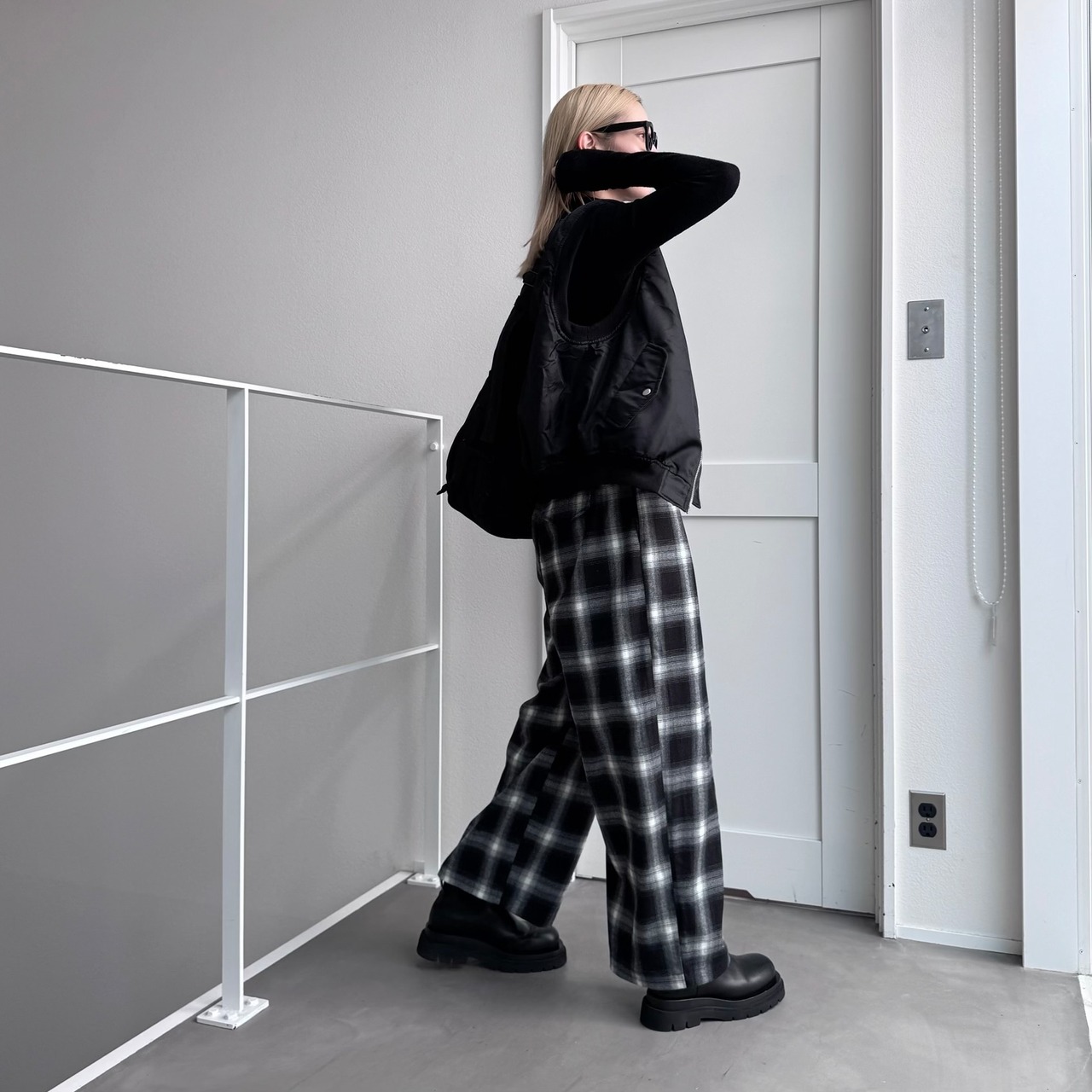 Double pleated ombre check PT/black
