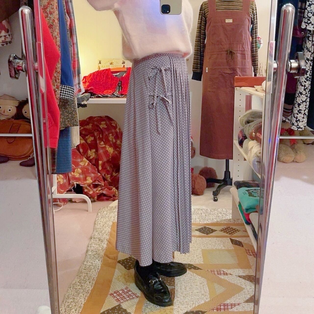 side ribbon dot pleats skirt