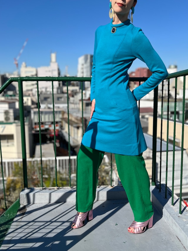 60s turquoise × Czechglass simple knit dress ( ヴィンテージ ターコイズ  × チェコガラス ニット ワンピース )