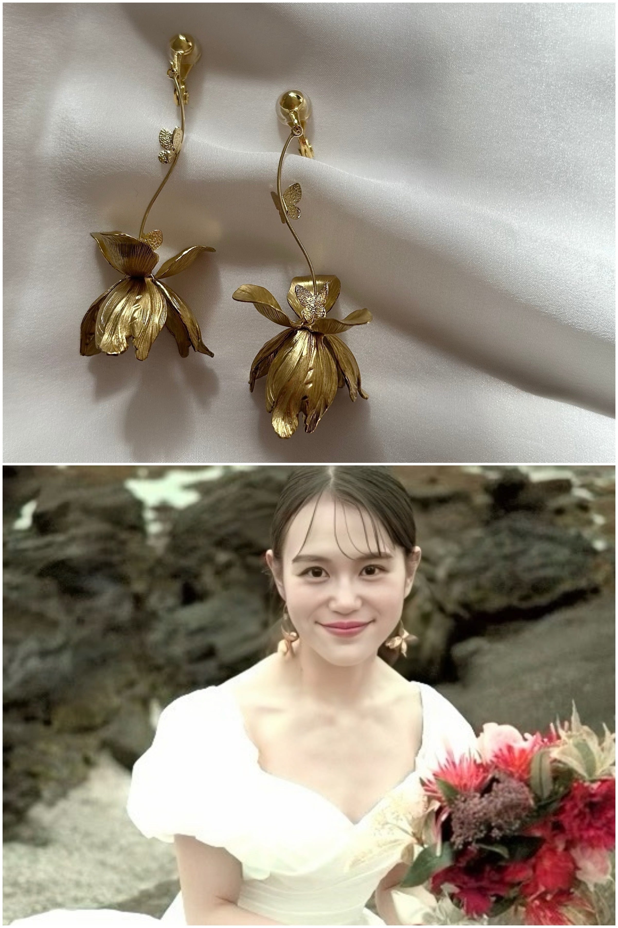 真鍮フラワー×バタフライピアス/イヤリング -ブライダルピアス