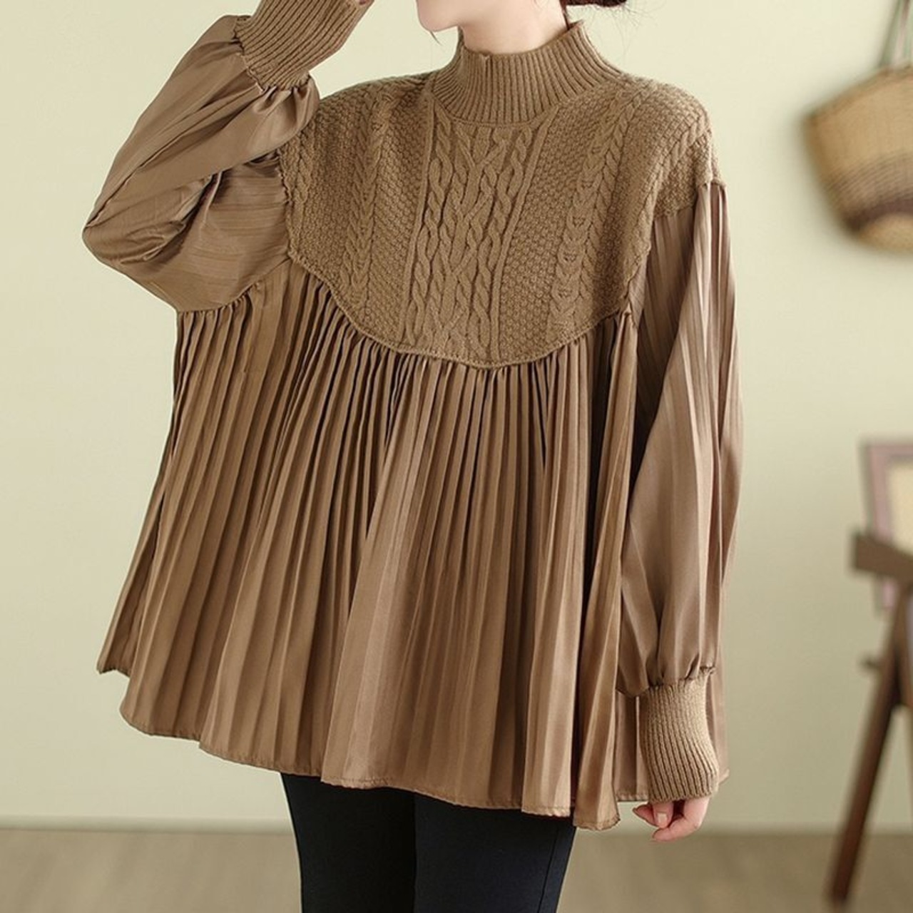 ケーブル編み プリーツ切替 トップス  60051
