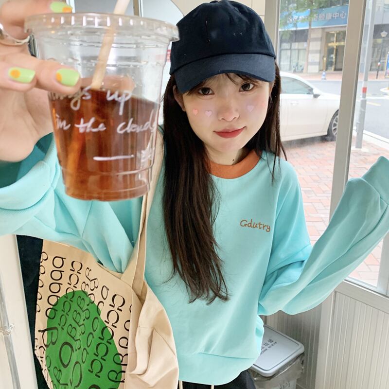 ブルーセーター スプリングオータムルーズラウンドネックトップス ストリート 春物 秋物 Oネック 試着室4879270454