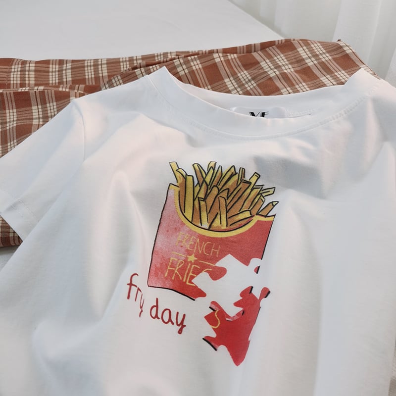 ロゴ Tシャツ かわいい 夏 カジュアル 食べ物 ポテト 原宿 コーデ イラスト プリントシャツ 韓国 498 Sweetly
