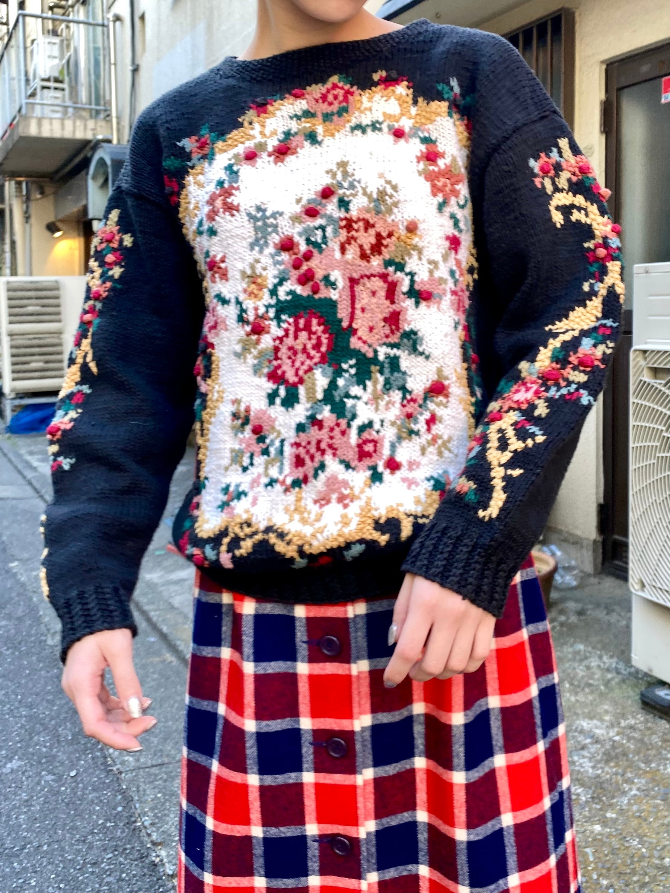 ニット/セーター vintage  black flower knit Black flower motif ramie cotton knit sweater【046】 | LEMON