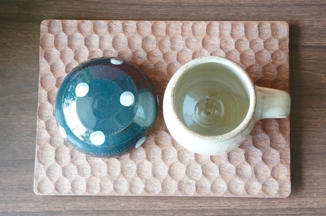 小石原焼　やままる窯　きのこカップ（小）黒/白ドット ①　[1-398]