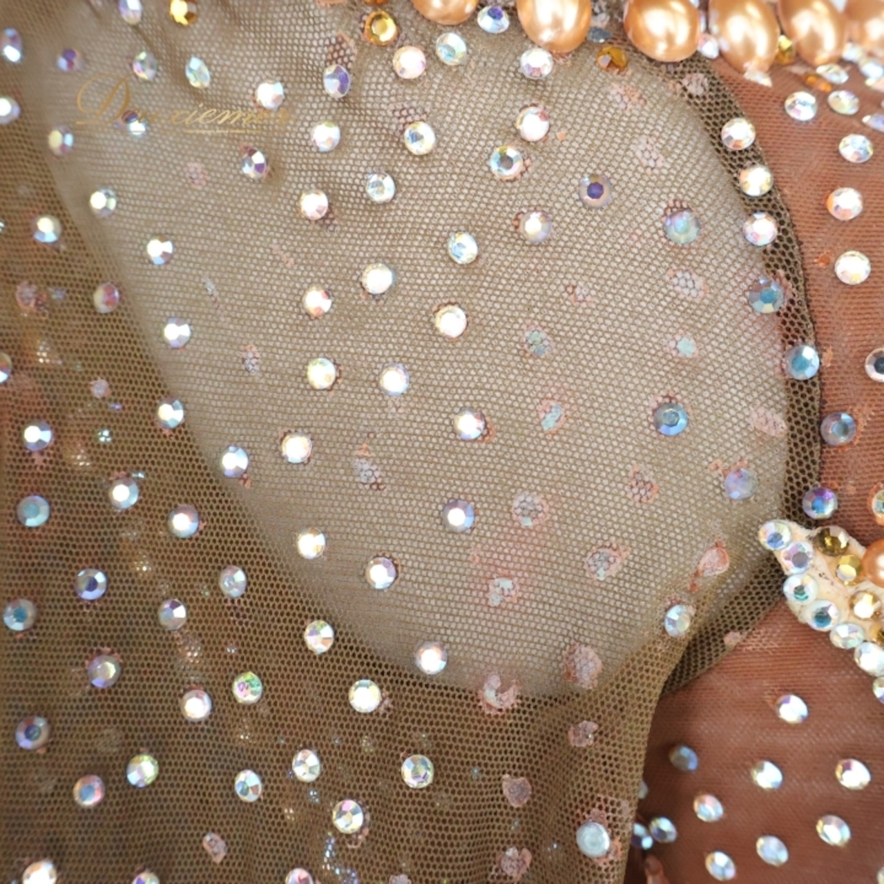 社交ダンス 衣装 スタンダードドレス ワンピース ドレス ファー 茶色 ゴールド 金 ブラウン デモ 競技 ダンス パーティ 発表会 ブラウン系 ゴールド系 お洒落 フワフワ エレガント レディース 発表会衣装 大人用 ステージ衣装 パフォーマンス コスチューム 競技会用