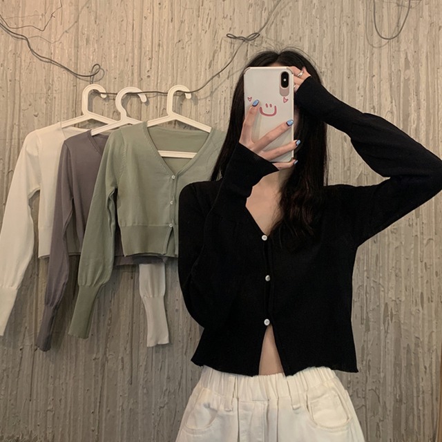 カーディガンVネックニットセーター ジャケット スプリングオータム薄手ショートクロップトップ トップス 春物 秋物 試着室12913698033