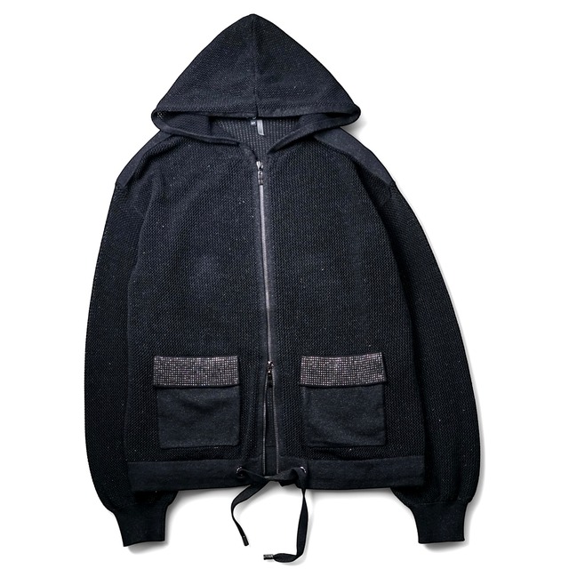 Vintage double zip lamé mesh hoodie "BLACK"