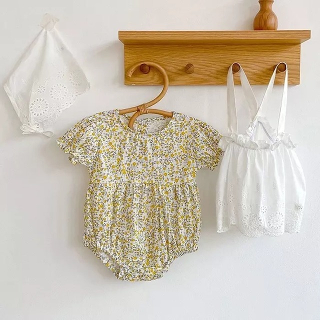 予約3点setフラワーロンパース＆エプロンボンネット