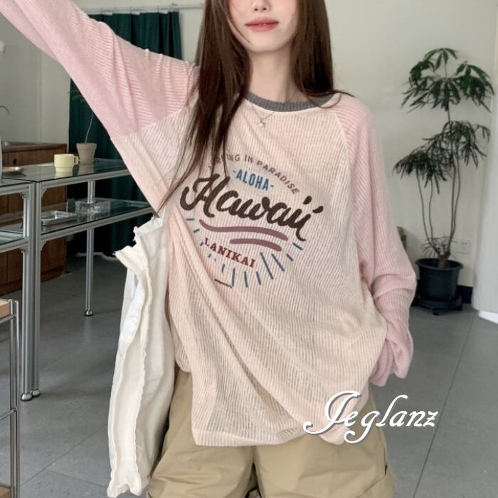 シースルー ストライプ ロゴ 長袖 シャツ ロンT ユニセックス ♪(MD237)λ