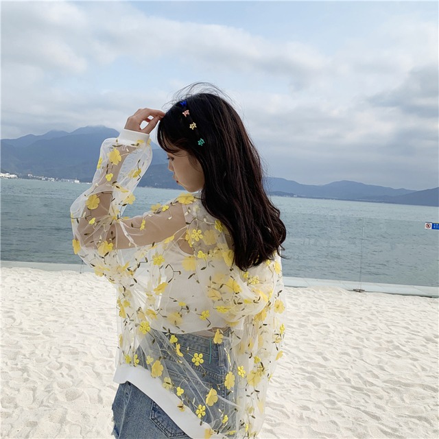 レディース アウター 夏 ジャケット カーディガン ショール シースルー 透け感 羽織り 日焼け防止 花柄 リゾート 海 プール きれいめ おしゃれ 可愛い ホワイト イエロー ピンク Hf Haru Foo