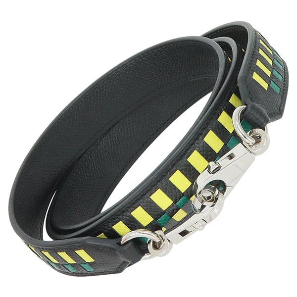 Used HERMES エルメス バンドリエール トレサージュ ドゥ キュイール 25mm ヴォーエプソン ノワール ライム マラカイト A刻印 ショルダーストラップ 超美品