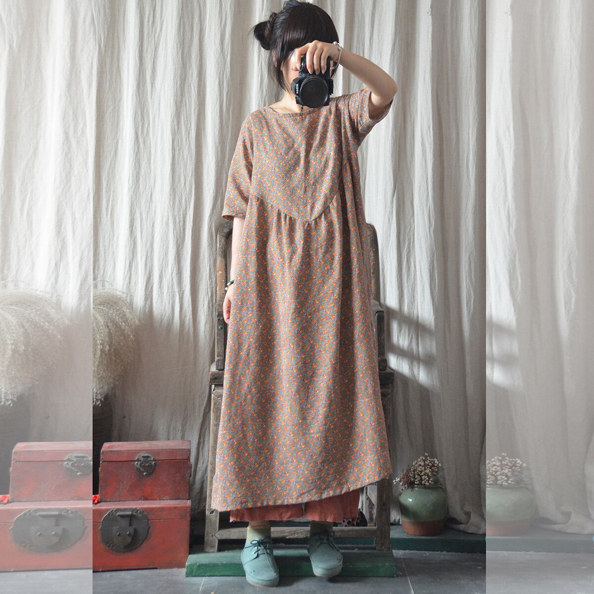 サマースタイルプリント柄ルーズボタンロングスカート ドレス コットン 夏物 Yiranxuaディースワード92635045734