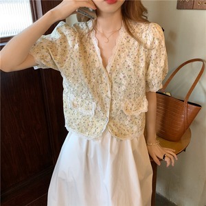 花柄Vネックパフスリーブシャッ＋スカート　A0927