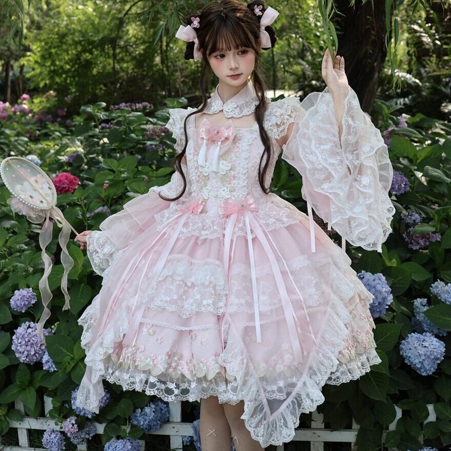 ロリータファッション 甘ロリ ピンクレースバックリボン付け袖JSK