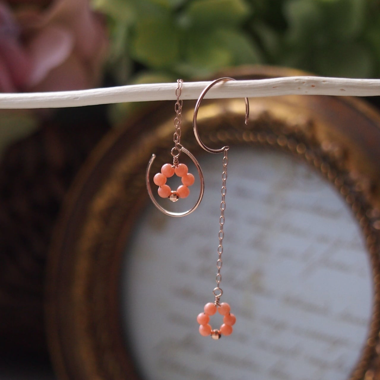 K10珊瑚ピアス ピンク珊瑚/K10ピンクゴールド/チェーンピアス (2way) | ChocoRal Jewelry