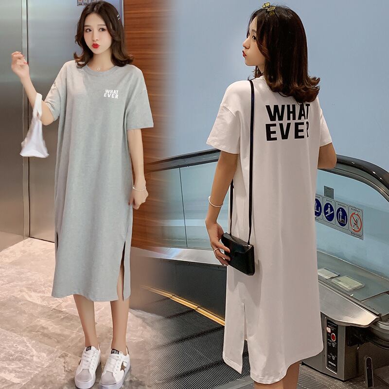 【新作】【送料無料】 マタニティドレス2019夏新バージョンのファッションレターミドル丈スプリットルーズルーズラージサイズマタニティドレス-アリババ 大きめサイズ サマー 夏物 expec219508207805