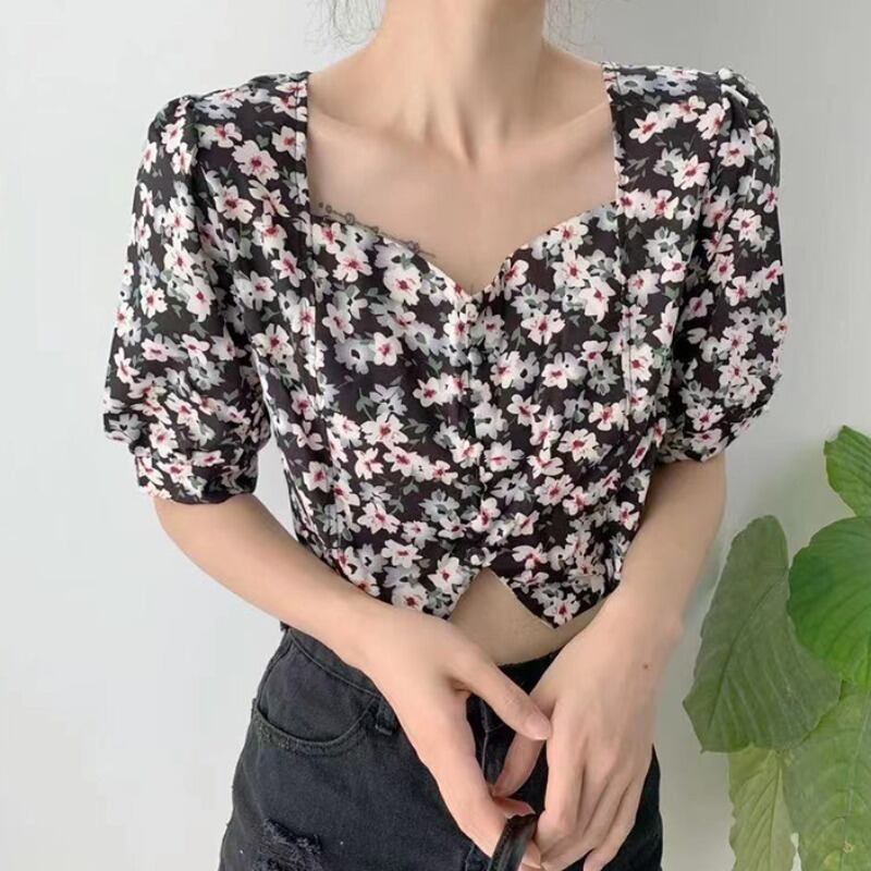 スタンダードフローラルシフォンシャツ スリムクロップドトップス レトロ 花柄 スクウェア ハンチェンe66700434889