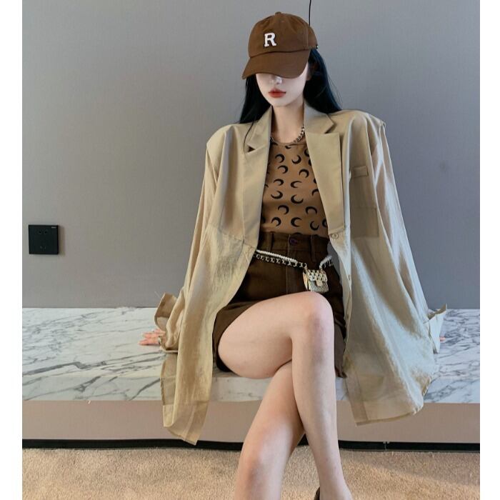 薄手ジャケット スタンダードルーズカジュアルシャツ ロング レトロ ガールズファッション84222585600