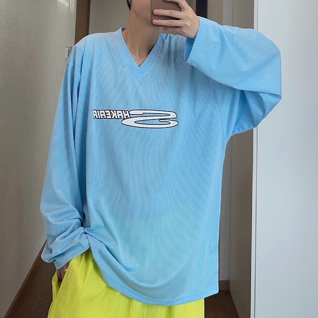 dannyandzee通気性ライトブルーメッシュ長袖Tシャツ