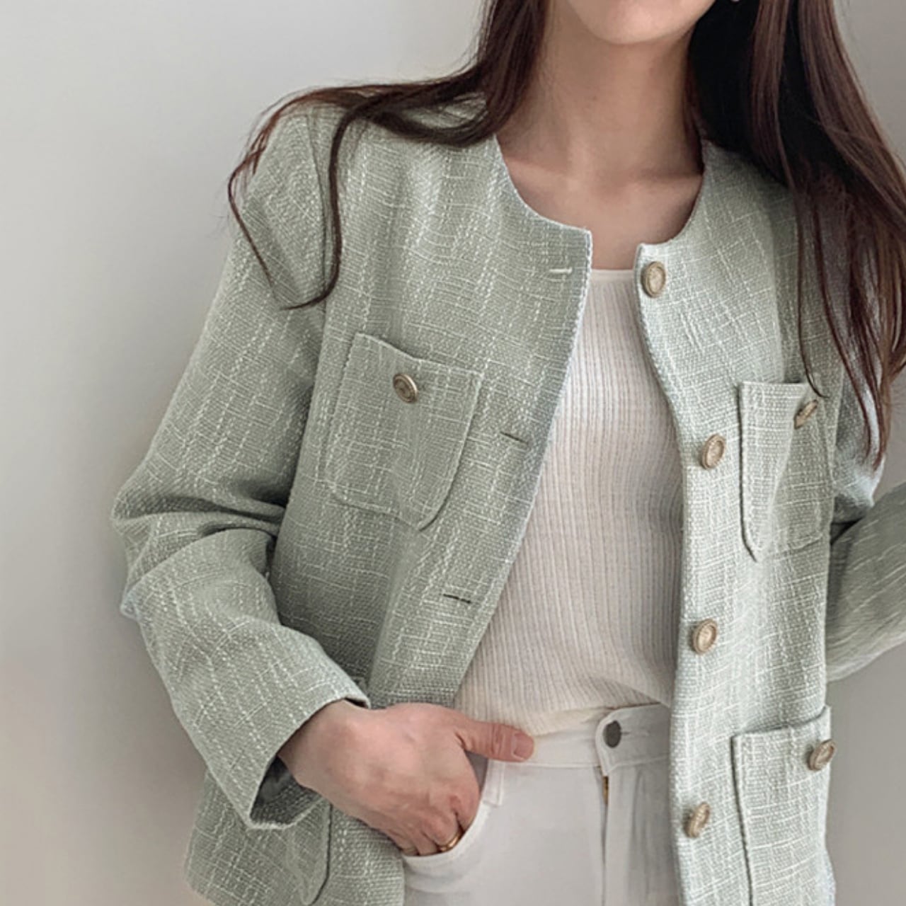 ノーカラー ツイード ショート ジャケット-グリーン