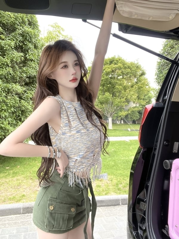 トップス タンクトップ サマーニット セーター ダメージ加工 肌見せ