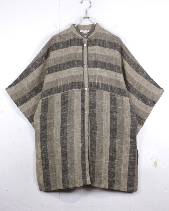 【Caka act2】Horizontal Stripe Switching Vintage Loose S/S Band Collar Shirt