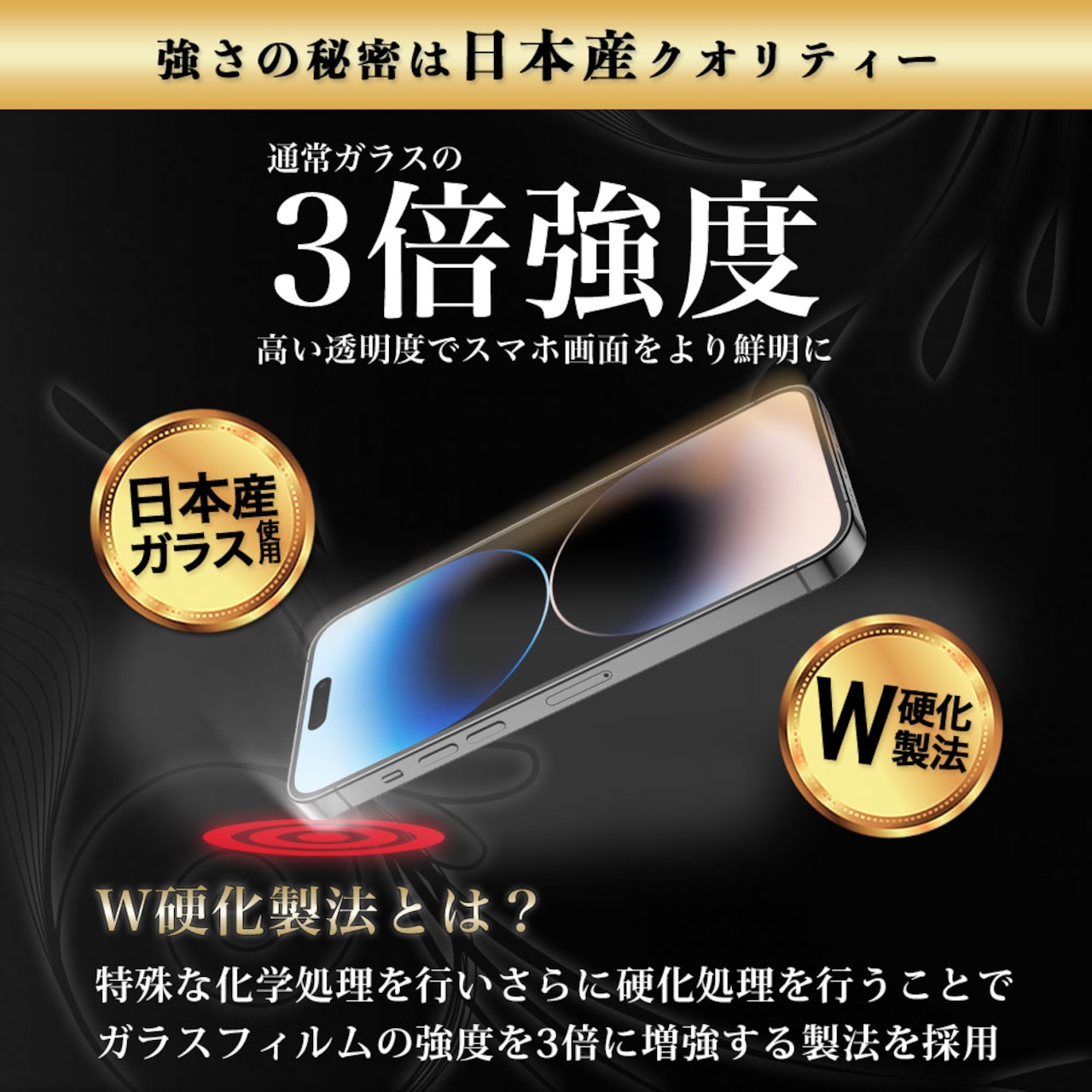 Hy+ iPhone14 Pro Max フィルム ガラスフィルム W硬化製法 一般ガラスの3倍強度 全面保護 全面吸着 日本産ガラス使用 厚み0.33mm ブラック