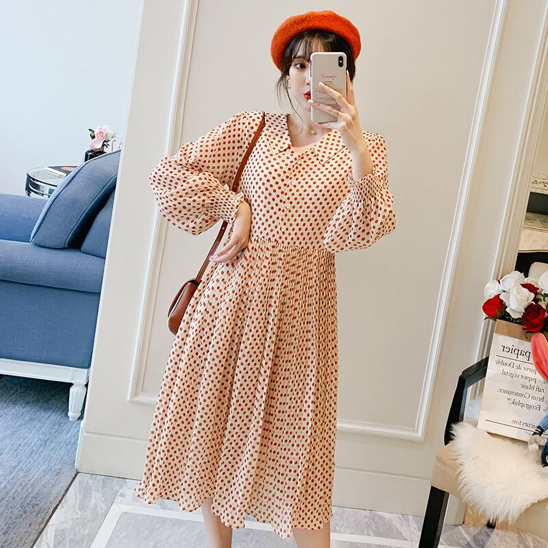 【新作】【送料無料】 マタニティウェア2020秋と冬の新しいシフォン水玉ラペルドレス、トレンディな母親のミドル丈の小さな新鮮なマタニティドレス-アリババ オータム 秋物 ウィンター 冬物 expec268847838214