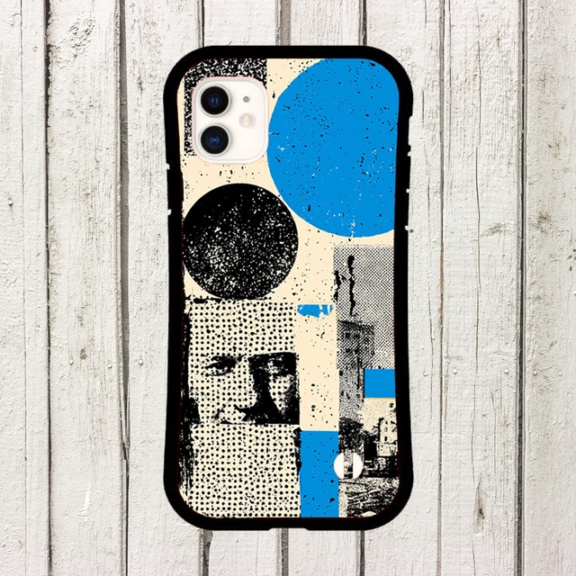 受注生産 iPhoneケース 青い丸と黒い紙片コラージュ｜ZINE風 ZINE026A