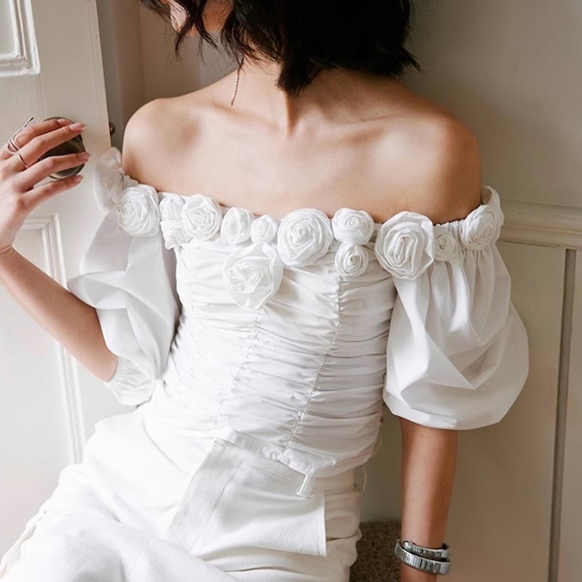 roses white off shoulder tops<t1602>