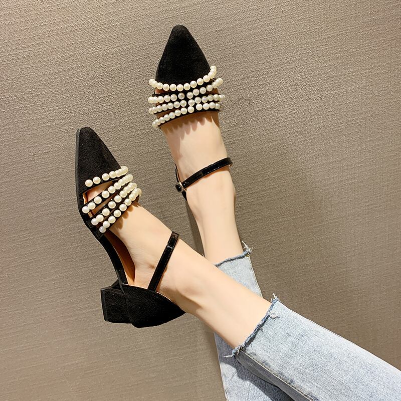 サンダル女性の妖精スタイル2020春と夏の新しい真珠の野生包頭ワードバックル厚ヒールハイヒールのローマの靴 部族の婦人靴6719947