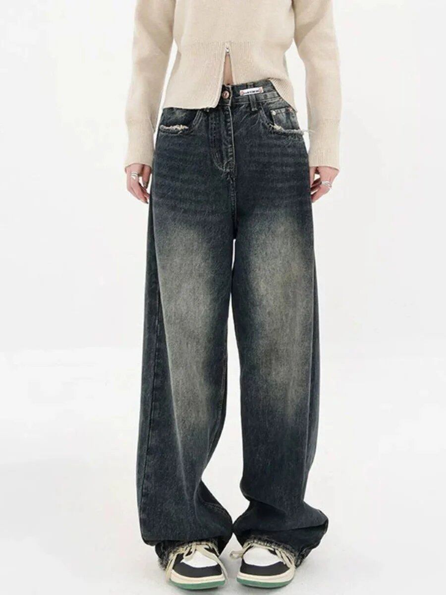 ハイウエストゴムウエストデニムジーンズ レディース 春秋 プラスサイズ 着痩せ ストレートレッグ ルーズ ハイストリート ワイドレッグパンツ