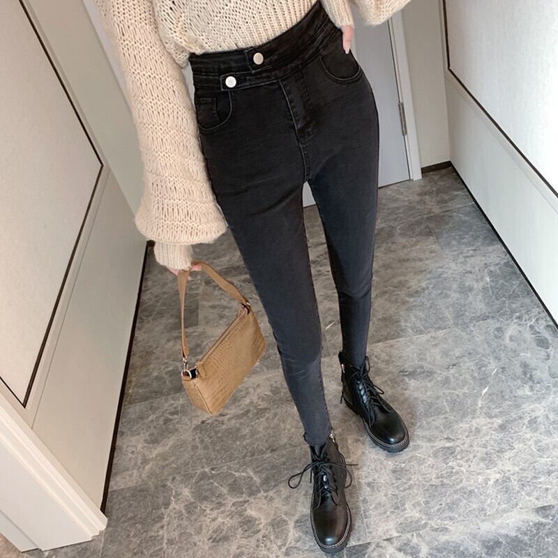 ハイウェストジーンズ オータムウィンタースタイル薄手パンツ ブラック 秋物 冬物 ガールズファッション89929112533