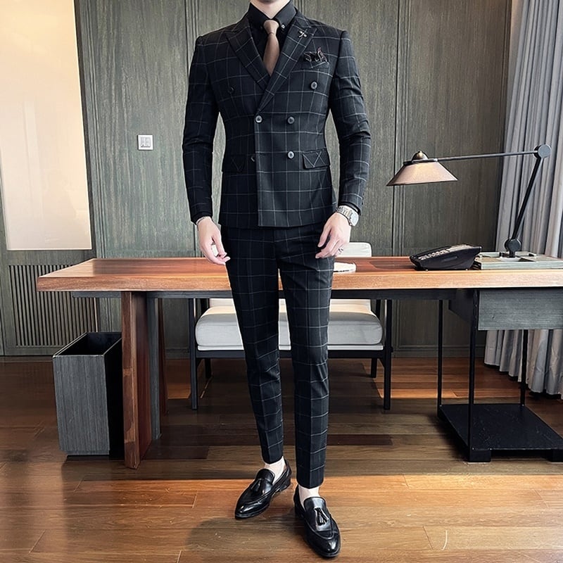 スリーピース ダブルブレスト ウィンドウペンスーツ 2カラー LB0392