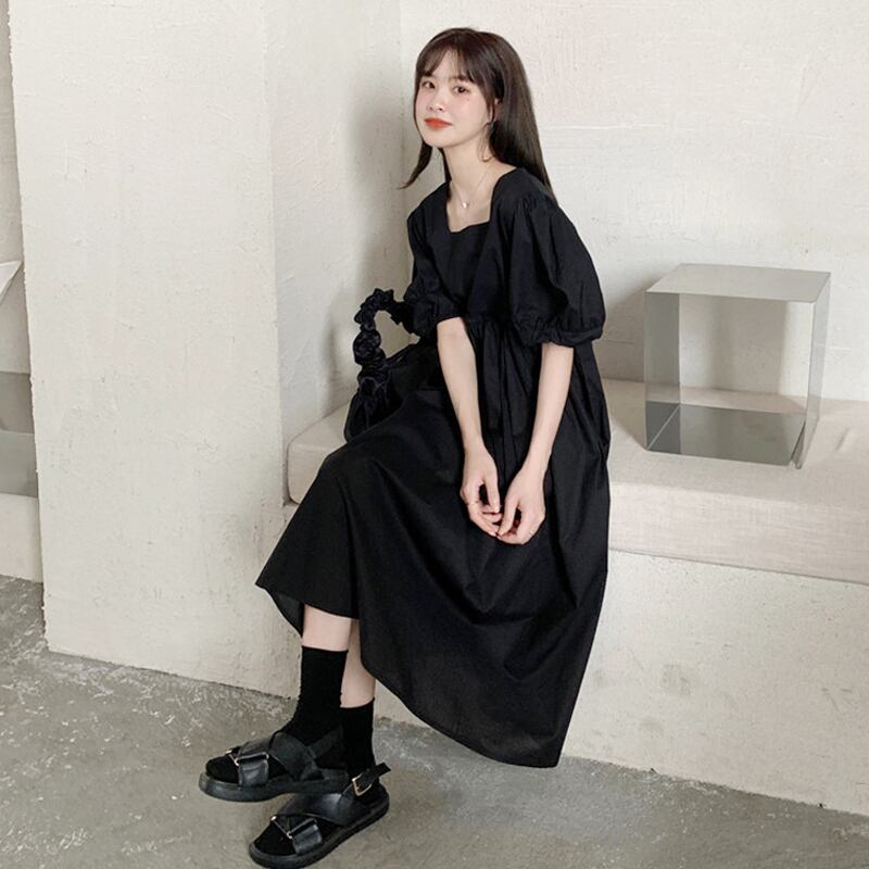 スタイルブラックスリーブドレス サマースタンダードロングスカート レトロ 夏物 スーパーモール11348079565