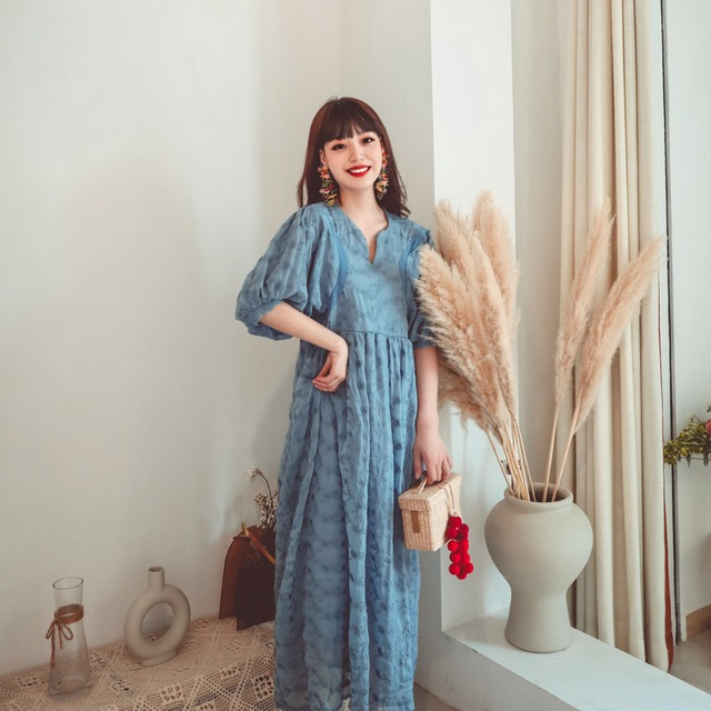 ボヘミアンスタンダードロングスカート レース刺繍ルーズスリーブドレス レトロ ステッチ 延命家ファッション17117532063