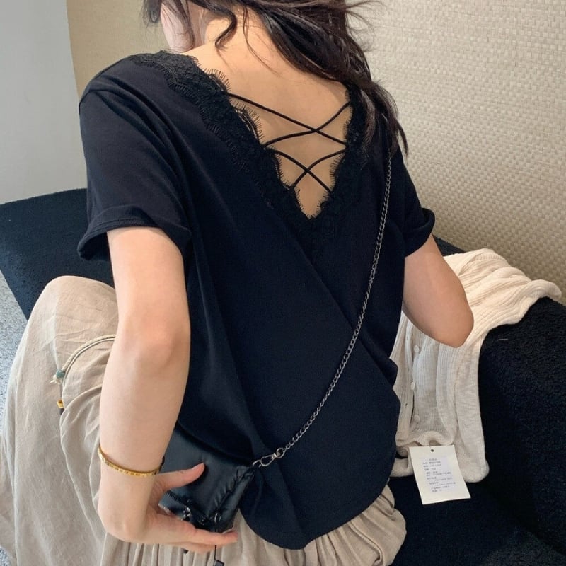 バッククロスレース Vネック 半袖 Tシャツ ◆4color 204698